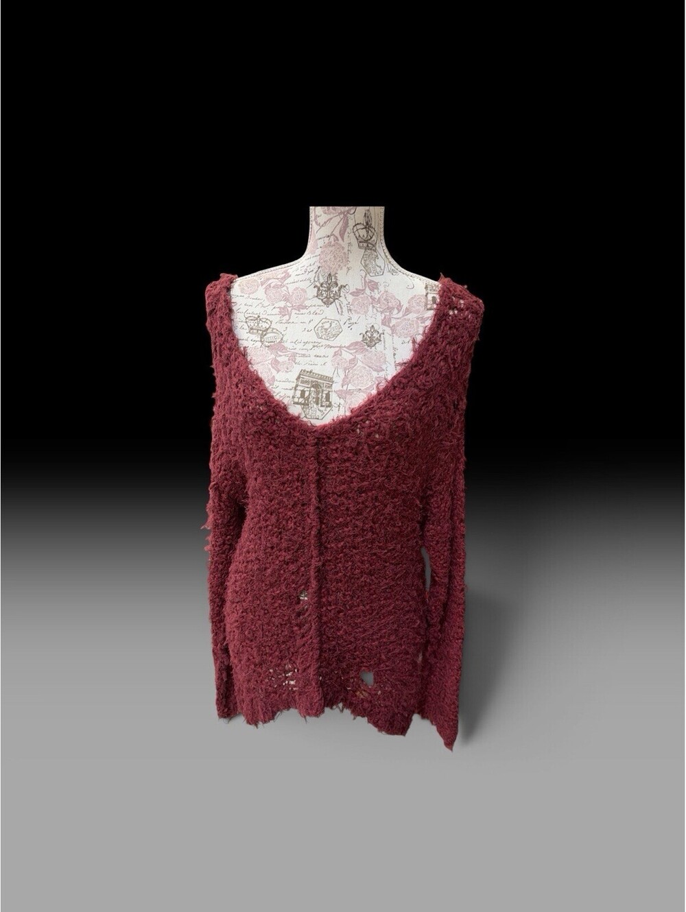 Free People Size L Maroon Shaggy Distressed Knit Sweater NWT Sz XS Runs Large
